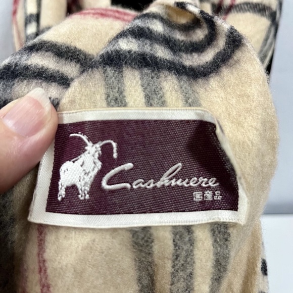 Vintage Tartan Plaid Fringe Scarf Womens Soft Cashmere 12x54 Tan Red Black - Picture 3 of 4